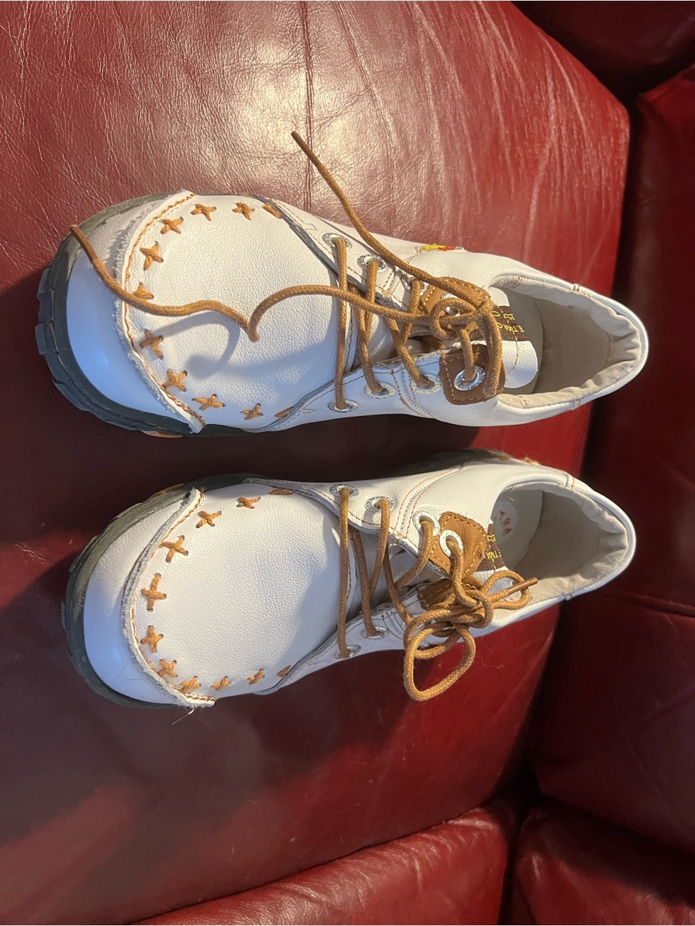 Women's White Sneakers with Tan Stitching and Laces